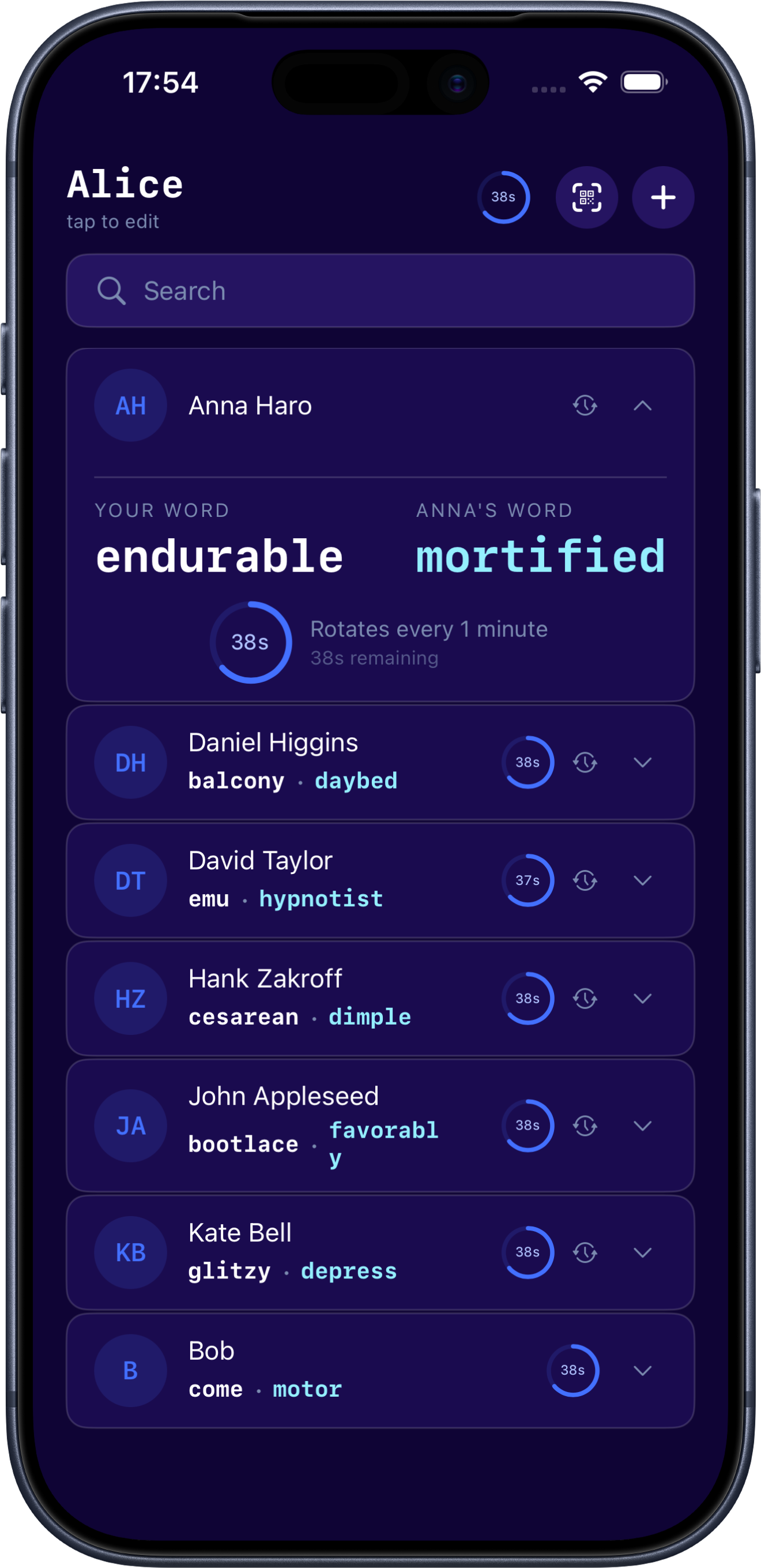 realxreal home screen showing Alice's list of trusted contacts with live rotating codewords
