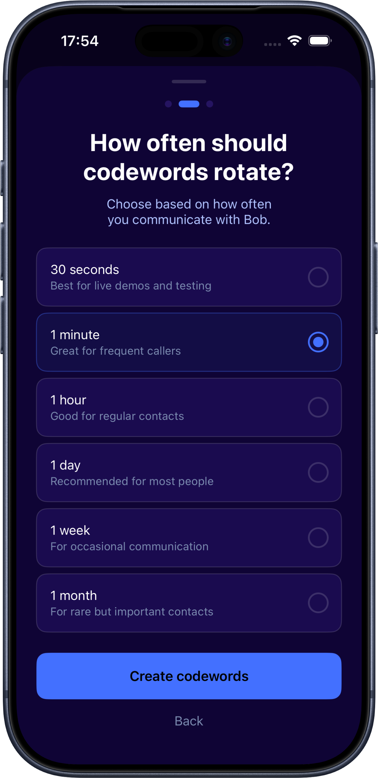 realxreal settings screen asking how often codewords should rotate, with interval options to choose from