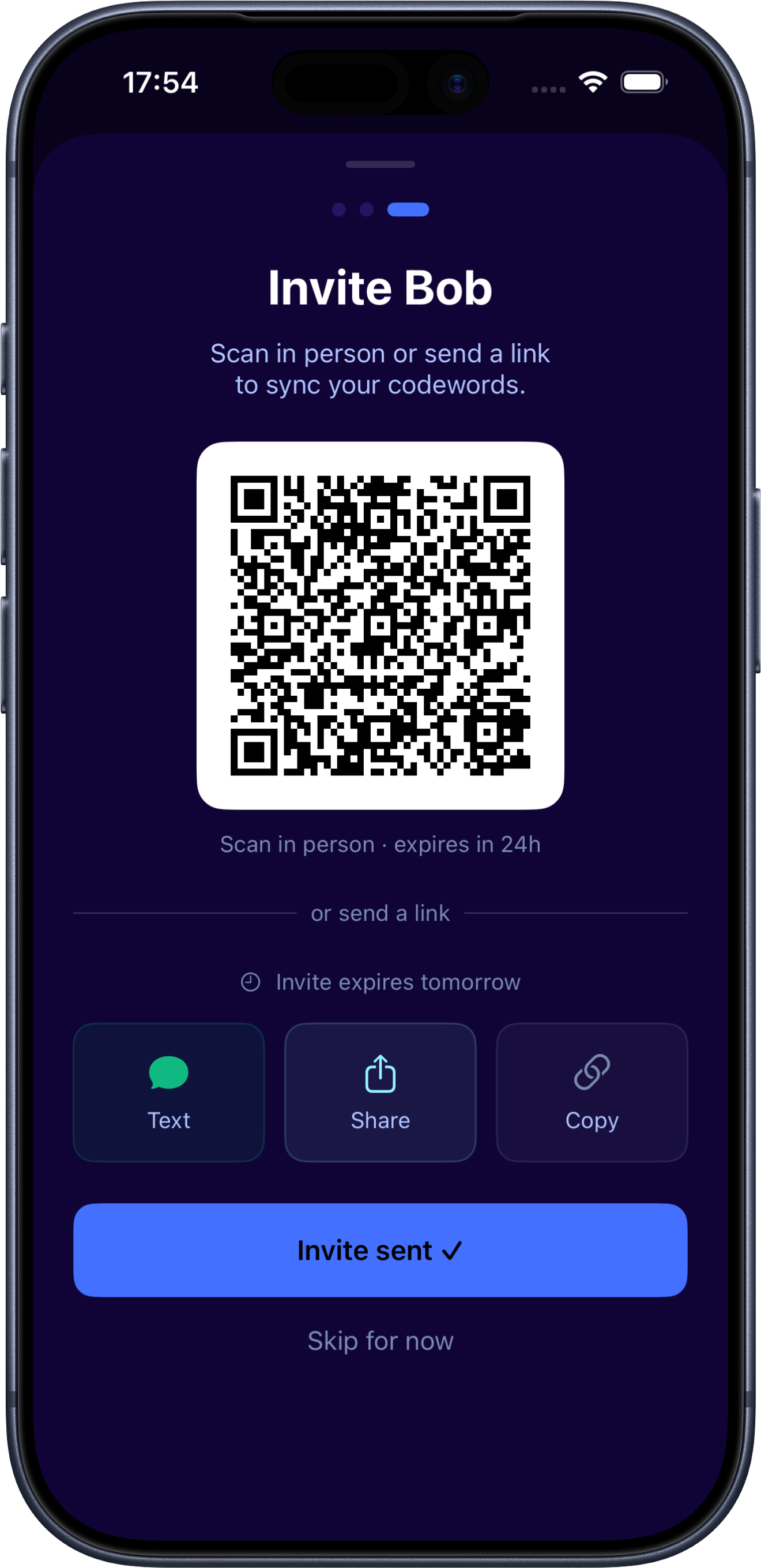 realxreal invite screen for adding Bob as a trusted contact, showing a QR code and a shareable link