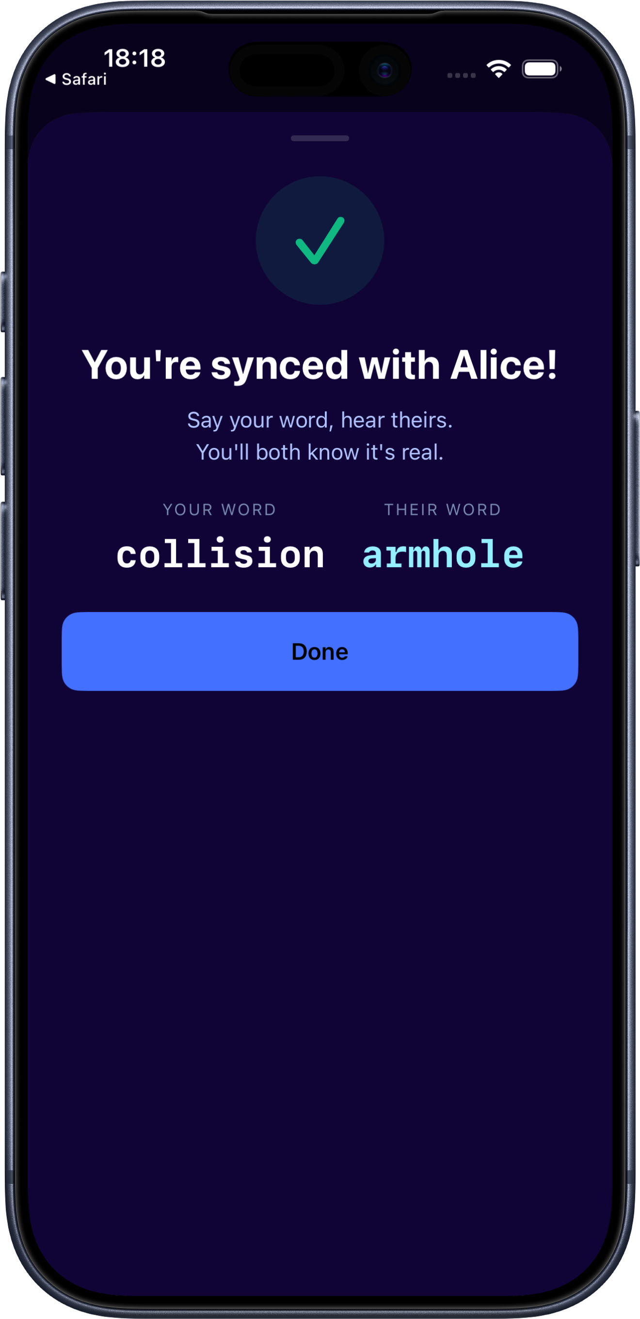 realxreal confirmation screen showing that you are synced with Alice
