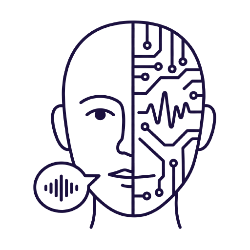 Illustration of a face split in half — one side human, one side made of circuit lines — with a speech bubble containing a soundwave.