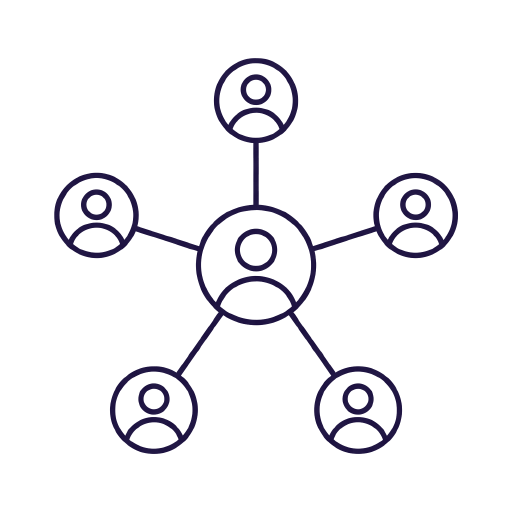 Illustration of one central figure connected by lines to five surrounding figures, like a network diagram.